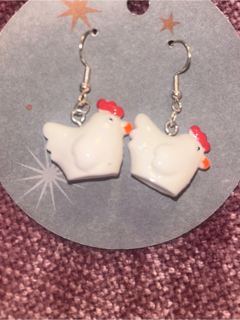 White Chicken Dangle Earrings with Red and Orange Accents